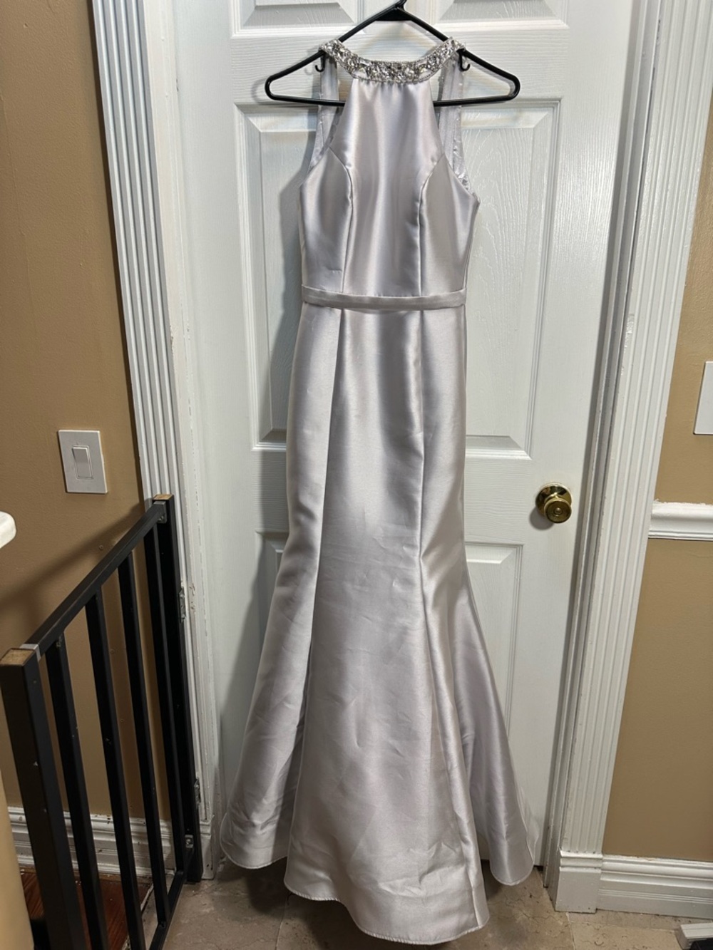 Aspeed Silver Satin Halter Formal Gown with Beaded Neckline